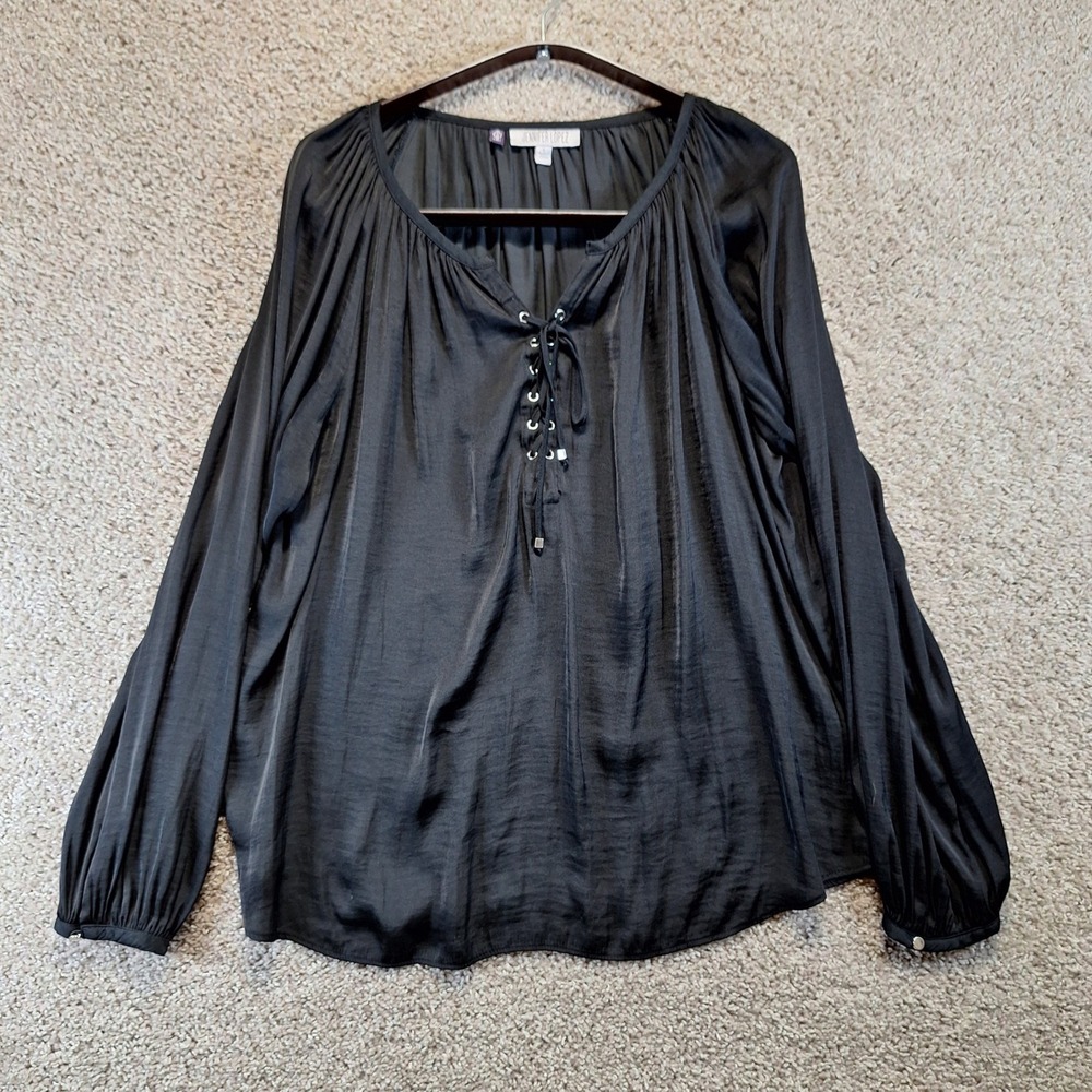 Jennifer Lopez Blouse Women Large Black Lace Up Peasant‎ Top Long Sleeve Chic